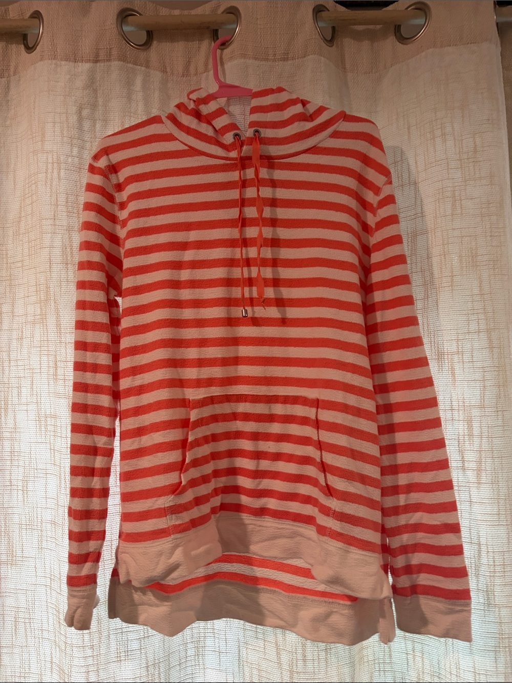 Jones New York Coral and Cream Striped Cowl Hoodie Sweater